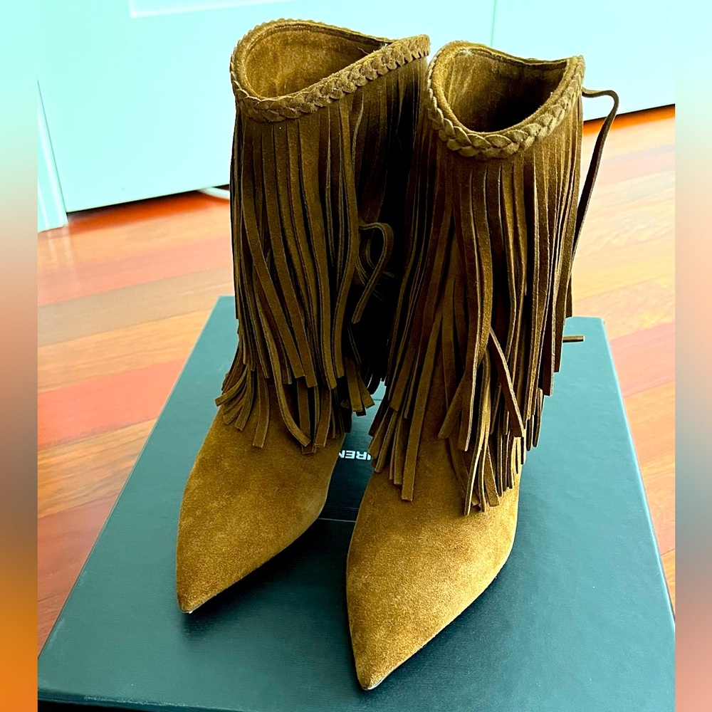 Saint Laurent suede fringe kitten heel boots, “Charlotte”